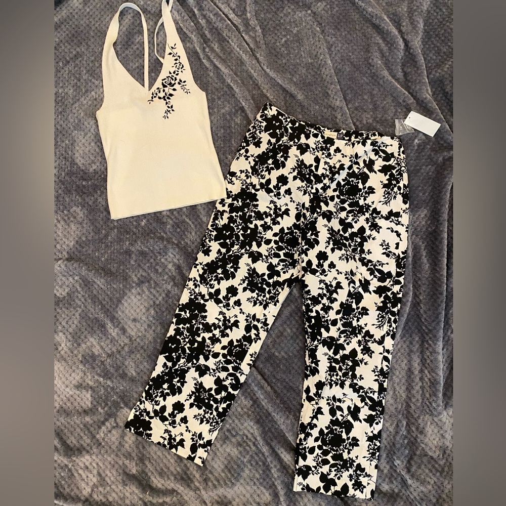 NWT Cute Gap black and white floral capri and halter top set SzS top s8 capri